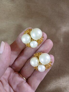 Gold Tone Faux Pearl Clip On Earrings, Elegant Dressy Style